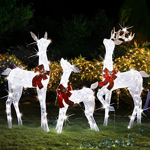 Lulu Home Christmas Yard Decoration, Set Of 3 Pre-Lit White Reindeer With 265 Leds White Lights, 3D Light Up Glittered Standing Reindeer Family For Xmas Lighted Holiday Display Indoor Outdoor #TOP6