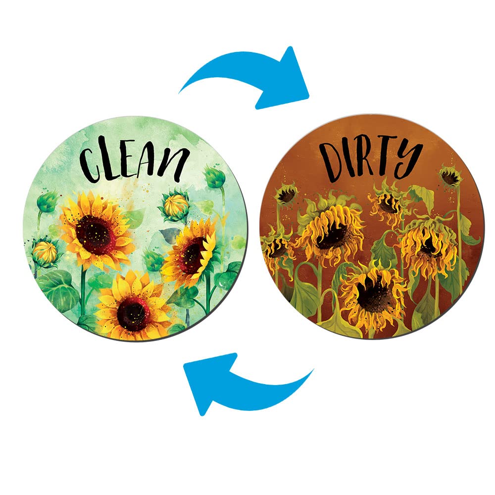 WIRESTER 3.5 inch Dishwasher Clean Dirty Flip Sign Double-Sided Decoration for Kitchen Dishwasher Washing Machine, Sunflowers