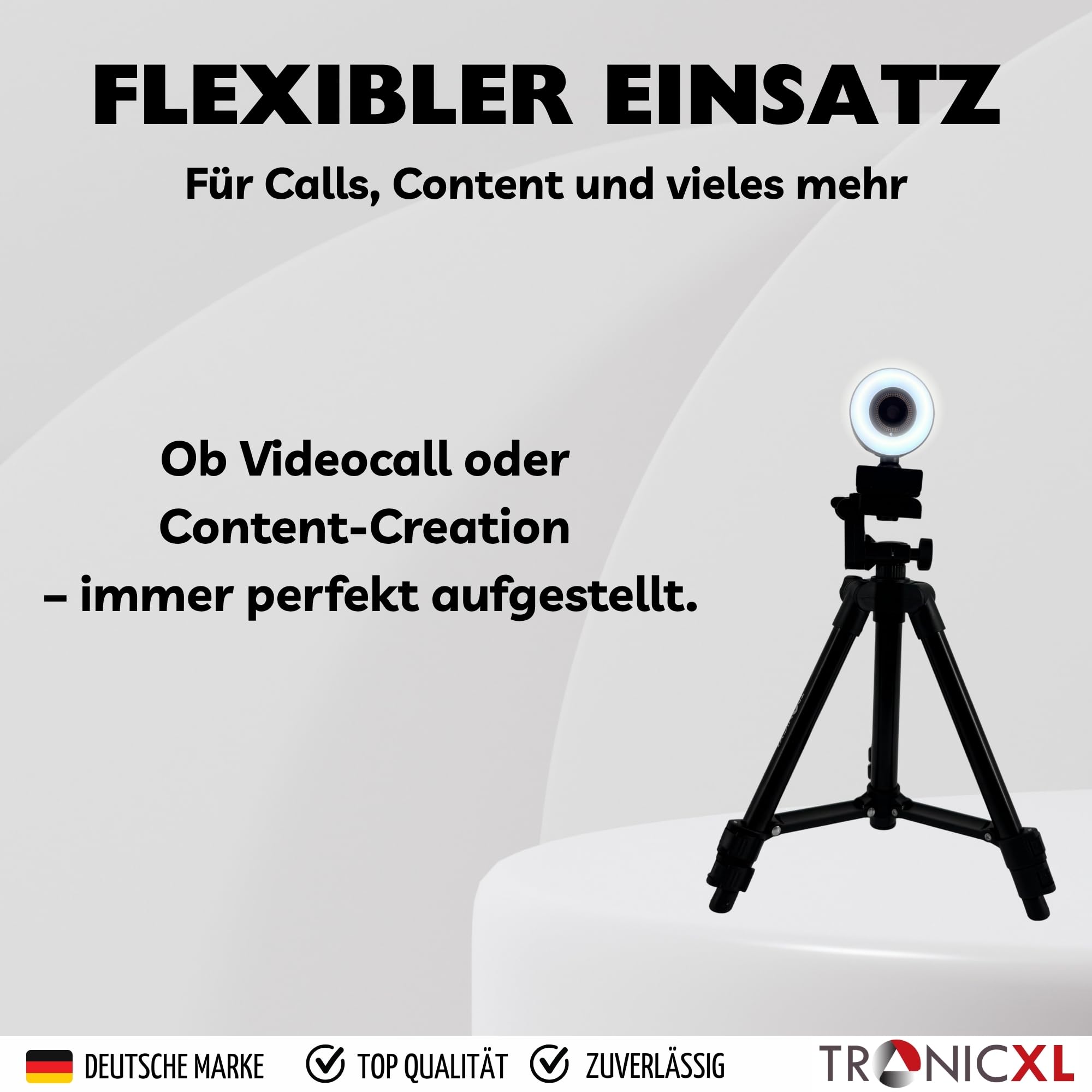 TronicXL Webcam con enfoque automático con lámpara de anillo + trípode de 60 cm Full HD 1920 x 1080p I 2 micrófonos estéreo cancelación de ruido fondo I para ordenador PC portátil para Xbox