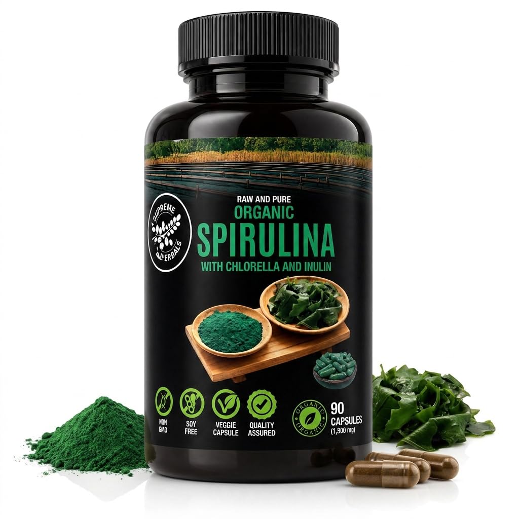 SUPREME HERBALS Organic Spirulina Capsules – 1,500 mg per Serving with 4% Spirulina Extract, Chlorella & Prebiotic Inulin – Green Superfood, Energy & Immune Support – 90 Veggie Capsules, Non-GMO