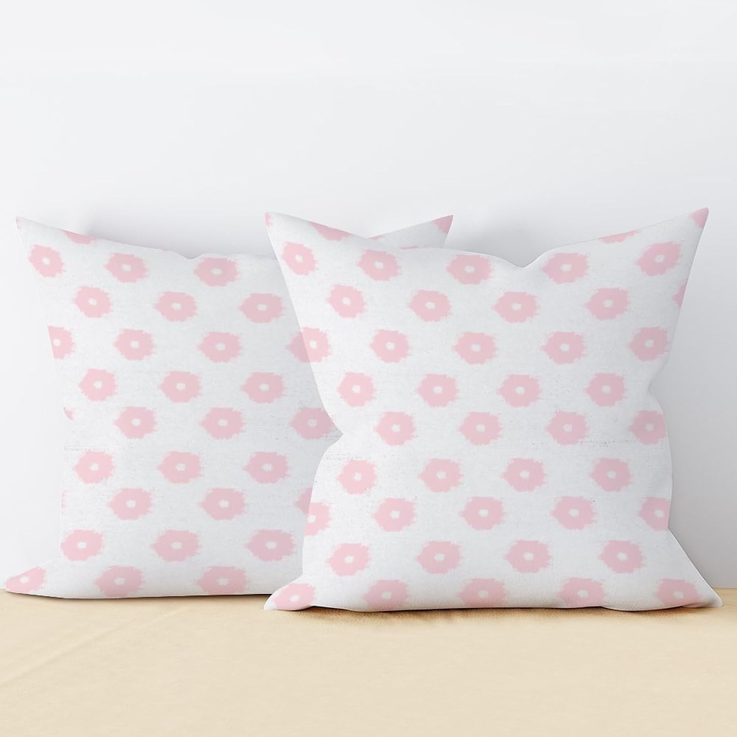 ArogGeld Pack of 2, Chinoiserie Pillow Cover 18x18in Flower Weave in Baby Pink Throw Pillows Farmhouse Baby Pink Floral Euro Sham Pillow with Zipper Farmhouse White Flax Cushion Cover