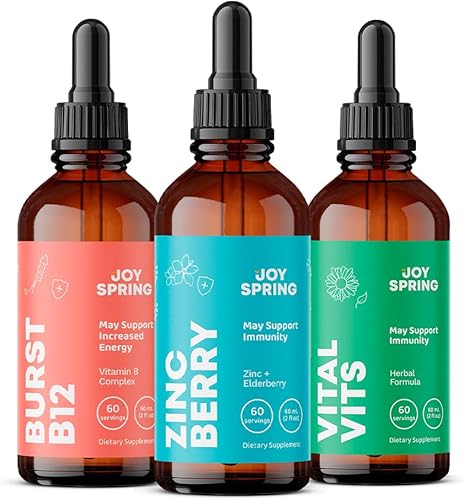 JoySpring Vital Vits, Burst B12 y Zincberry - Gotas de hierbas diarias naturales - Llena los huecos dietéticos - Paquete de regreso a la escuela -