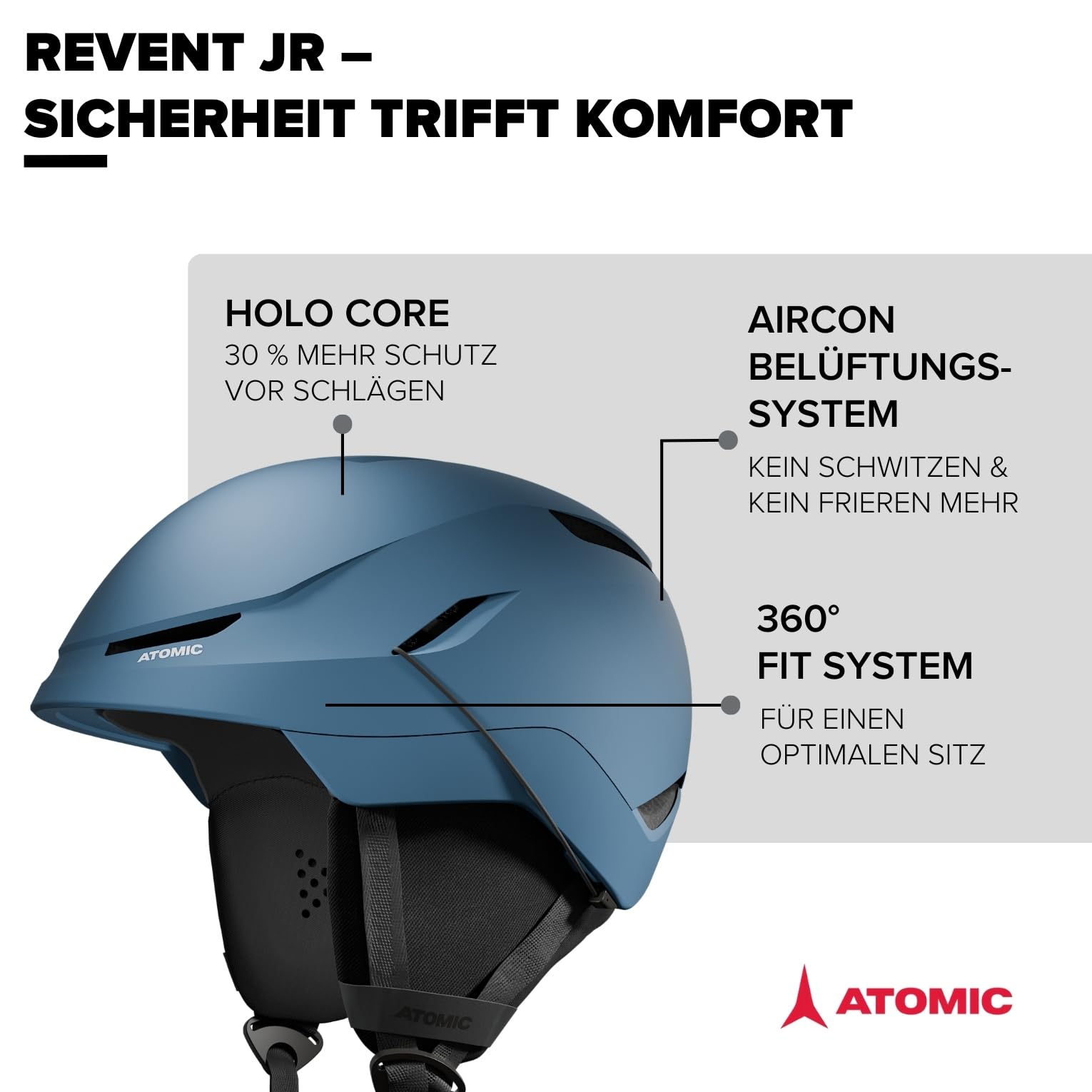 ATOMIC REVENT JR Skihelm - Snowboard- & Ski-Helm für Kinder & Jugendliche - 360° Fit System & Aircon Belüftungssystem - Holo Core für maximale Stoßdämpfung