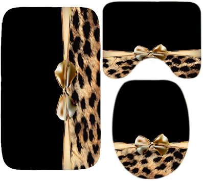 3 Piece Bath Mats Stripe Ribbon Leopard Black Waterproof Non Slip Bath Mat Set, Contour Mat + Toilet Lid Cover Washable Rug for Bathroom-3-Piece_Set