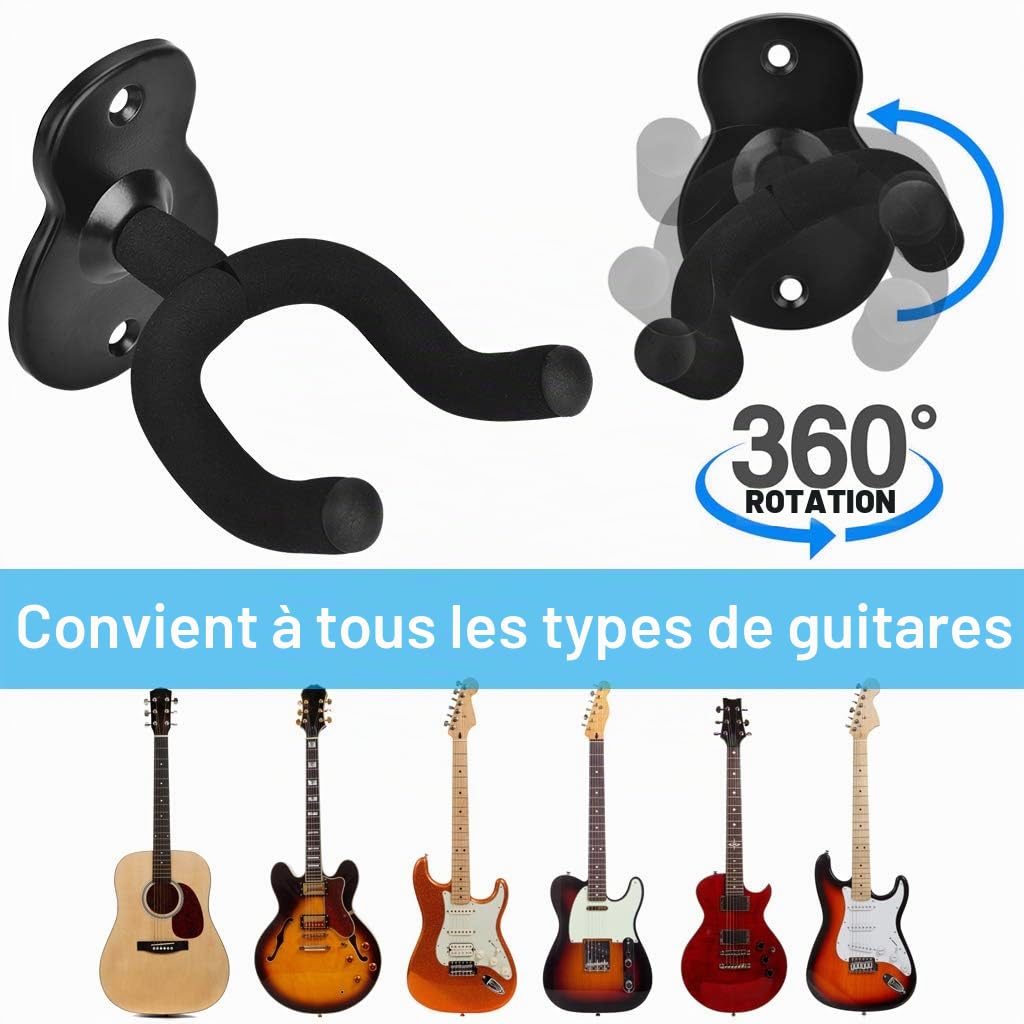 Lot de 2 Support Guitare Mural, Support Mural Ukulele, Guitare Electrique, Guitare Classique, Basse, Accroche Guitare Mural