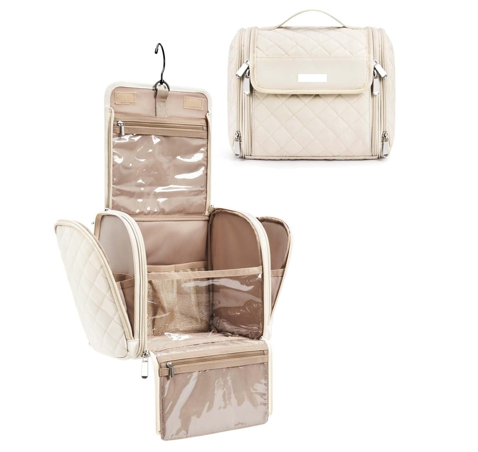 Kosmetyczka dla Kobiet Damska Kosmetyczka Z Haczykiem Przenośna Kosmetyczka Może Pomieścić Kosmetyki I Przybory Toaletowe Podróżna Kosmetyczka(Beige)