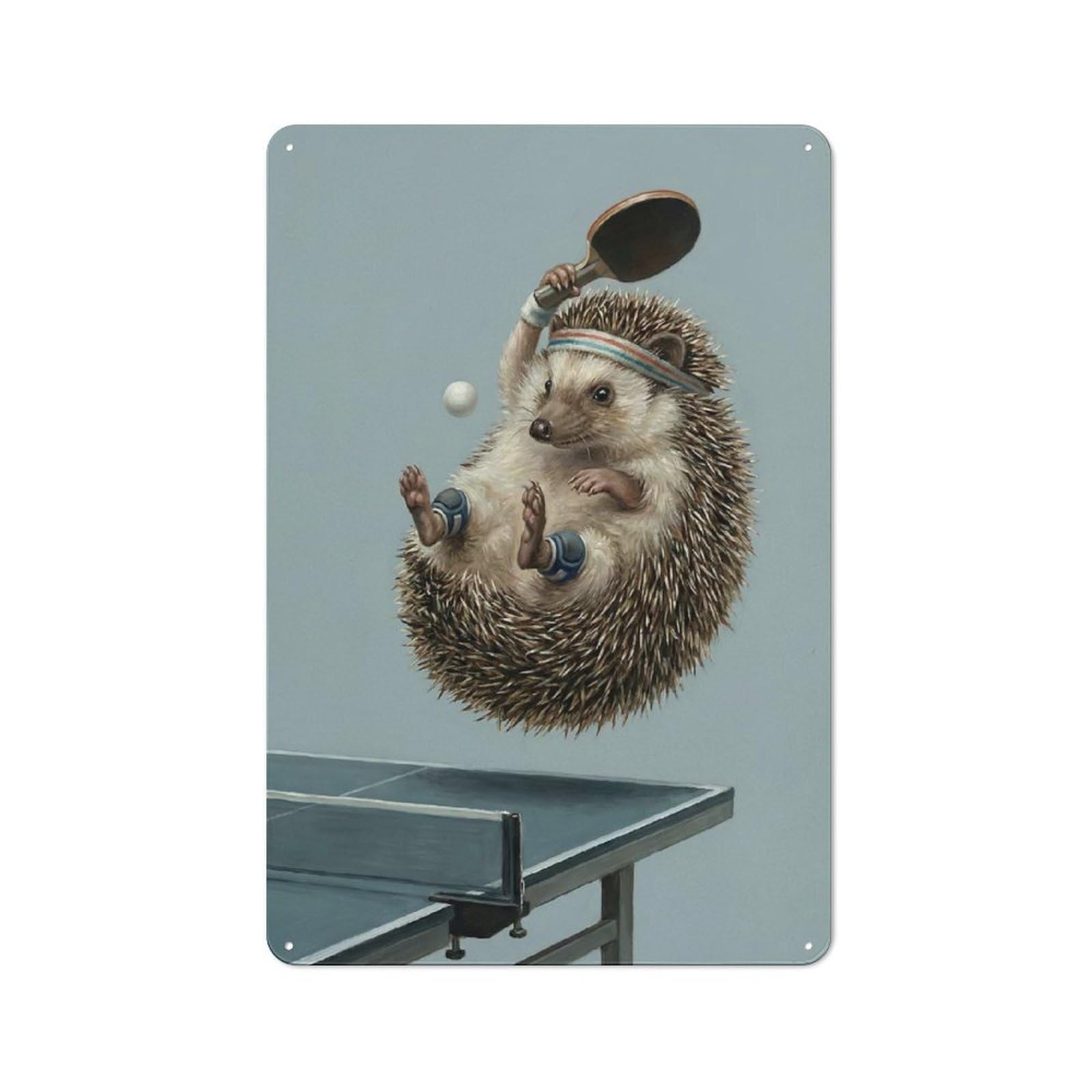 Junmoney Style-24 Tin Wall Plaque 30X20cm With Hedgehog Playing Table Tennis Illustration For Hallway Wall, Suited To Wall Displays In Hallways And Entrance Areas