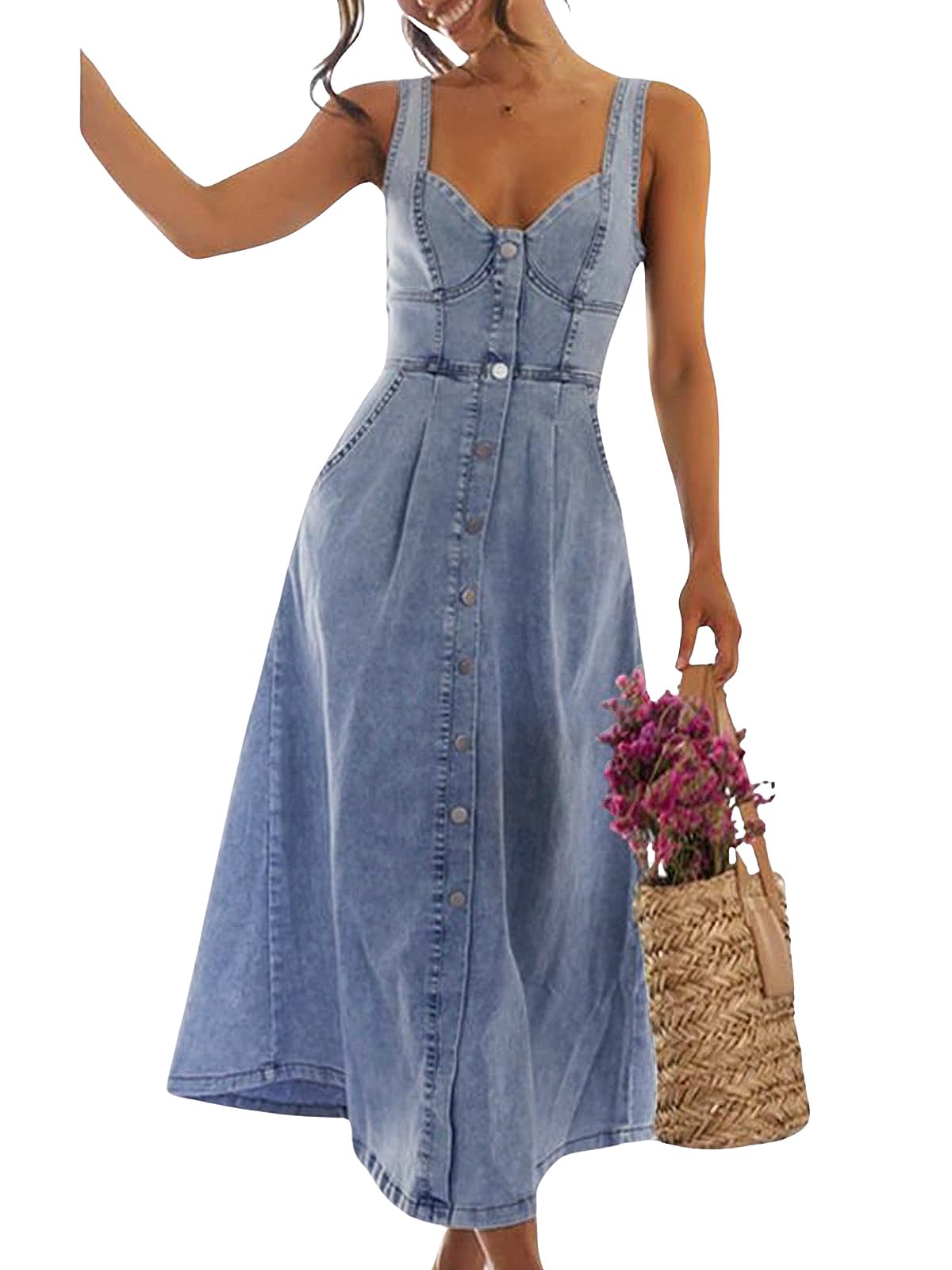 utcoco Denim Dress Sleeveless Slim Fit Midi