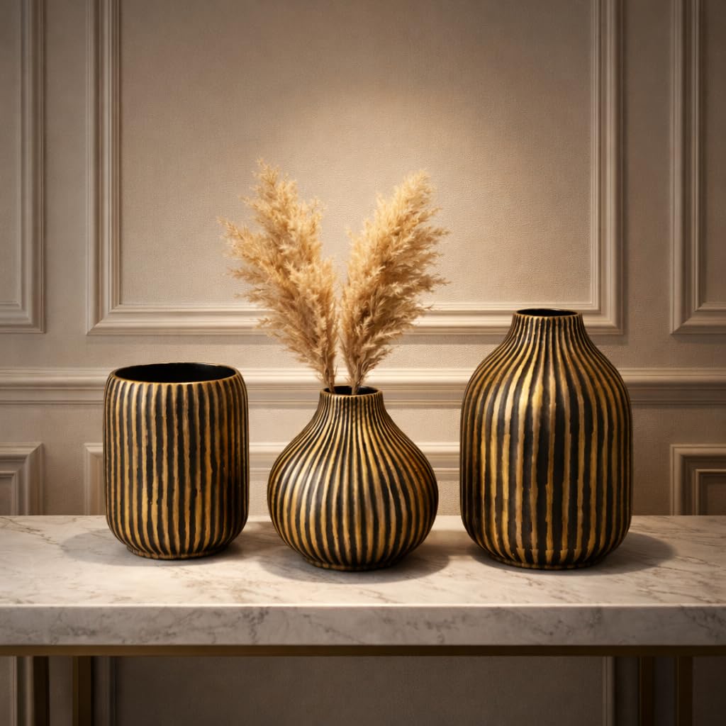 Decorative Vase Set of 3, Black and Gold, Ribbed Striped Finish, Boho Home Decor (Staright Dhari Vase)-image-43