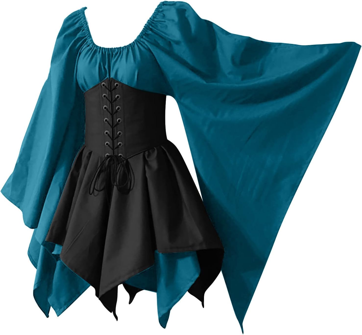 Ctreela Women's Medieval Batwing Corset Dress Sexy Gothic Mini Dress Renaissance Gothic Flare Sleeve Dress Steampunk Skirt