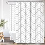 Riyidecor All Wrap Around Shower Curtain Polyester Fabric Panel 180x70 Inch White Chevron Clawfoot Tub Set Herringbone Waterproof with Metal Hooks with 32 Pack Extra Wide