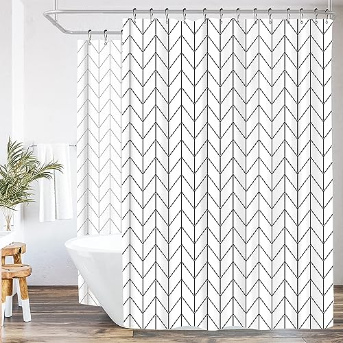 Riyidecor Clawfoot Tub Chevron Shower Curtain 180x70 Inch All Around Bathtub Wrap Around White Herringbone Round Freestanding Surround Oval Polyester Fabric Extra Wide Panel 32 Metal Hooks