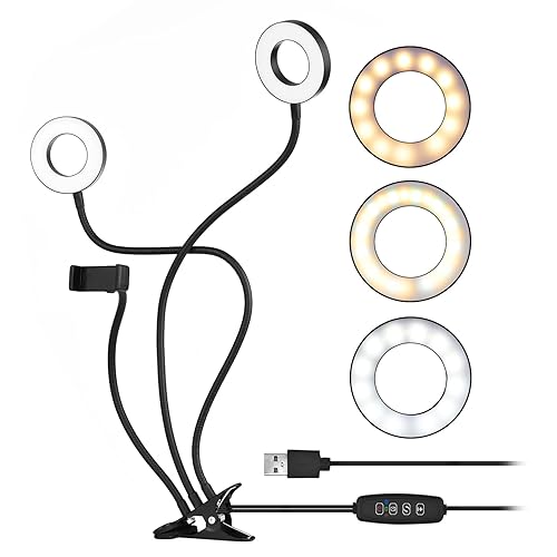 Andoer Clip-On LED Ring Light 3 Lighting Modes, USB Fill-in Lamp Dual Lights Dimmable Flexible Arms Design with Phone Holder for Live Video Chatting Selfie - Dual Lights