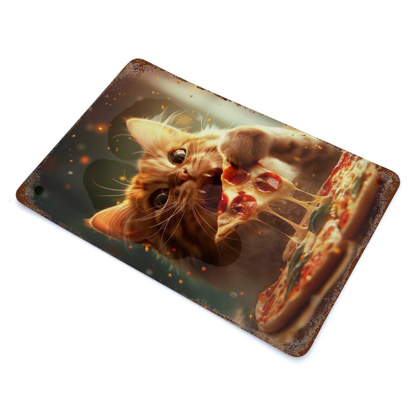 Pizza Cat Weathered Tin Sign 11.8"x7.9", for Garage, Bar And Workshop Decor, Vintage Wall Decor