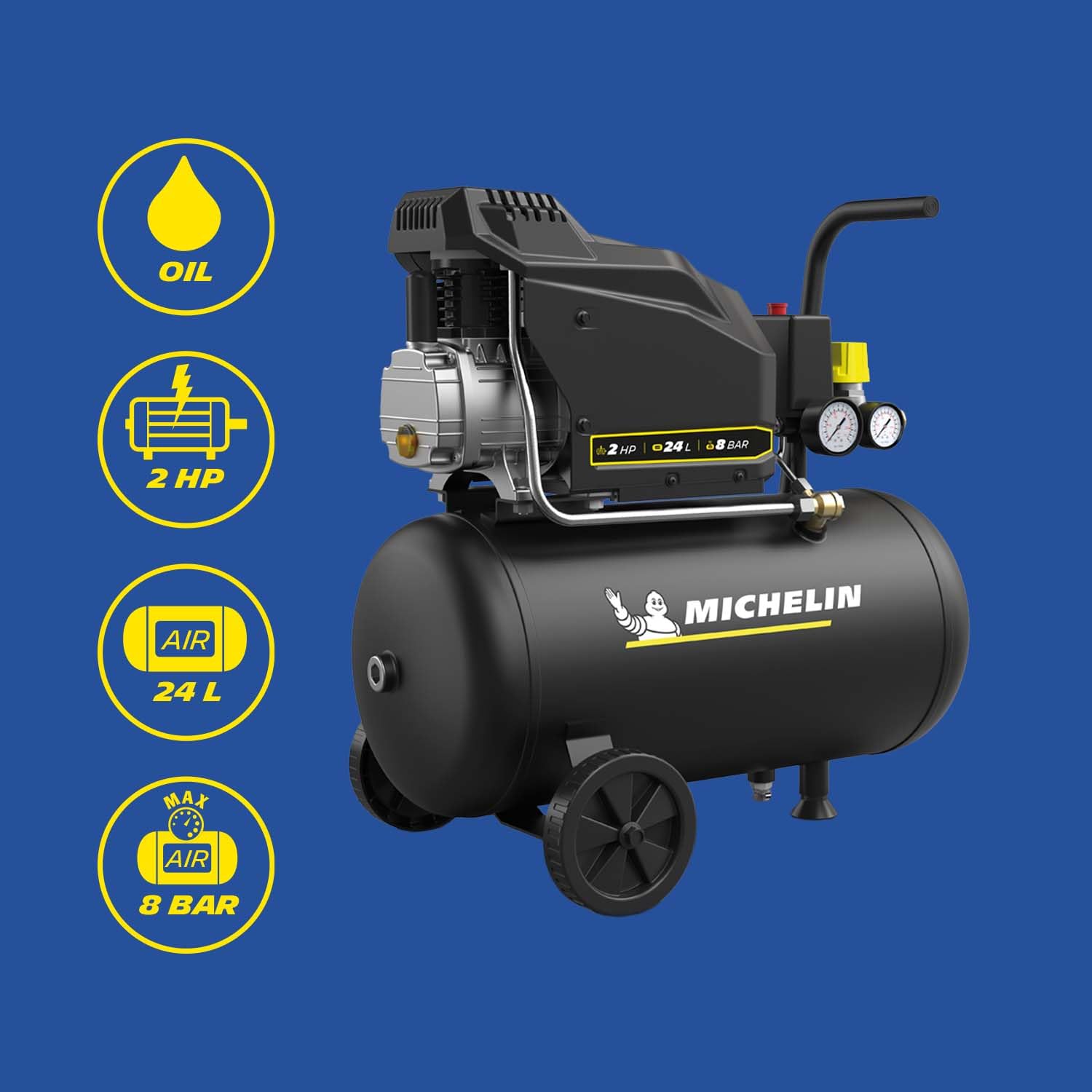 MICHELIN, Kompresor powietrza MX POP AIR 24-2 l, zbiornik 24 l z kółkami, silnik 2 KM, maksymalne ciśnienie 8 bar, przepływ powietrza 195 l/min