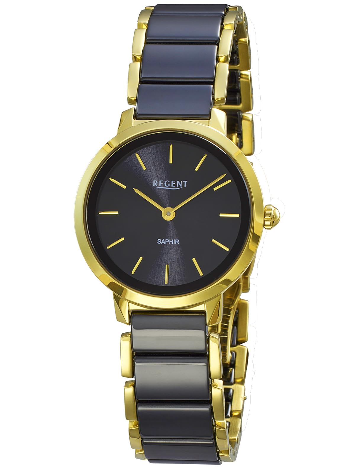 REGENT F-1628 Reloj de Mujer Oro Acero Inoxidable Cerámica Negro Cristal de Zafiro 30 mm Reloj de Cuarzo Mujer