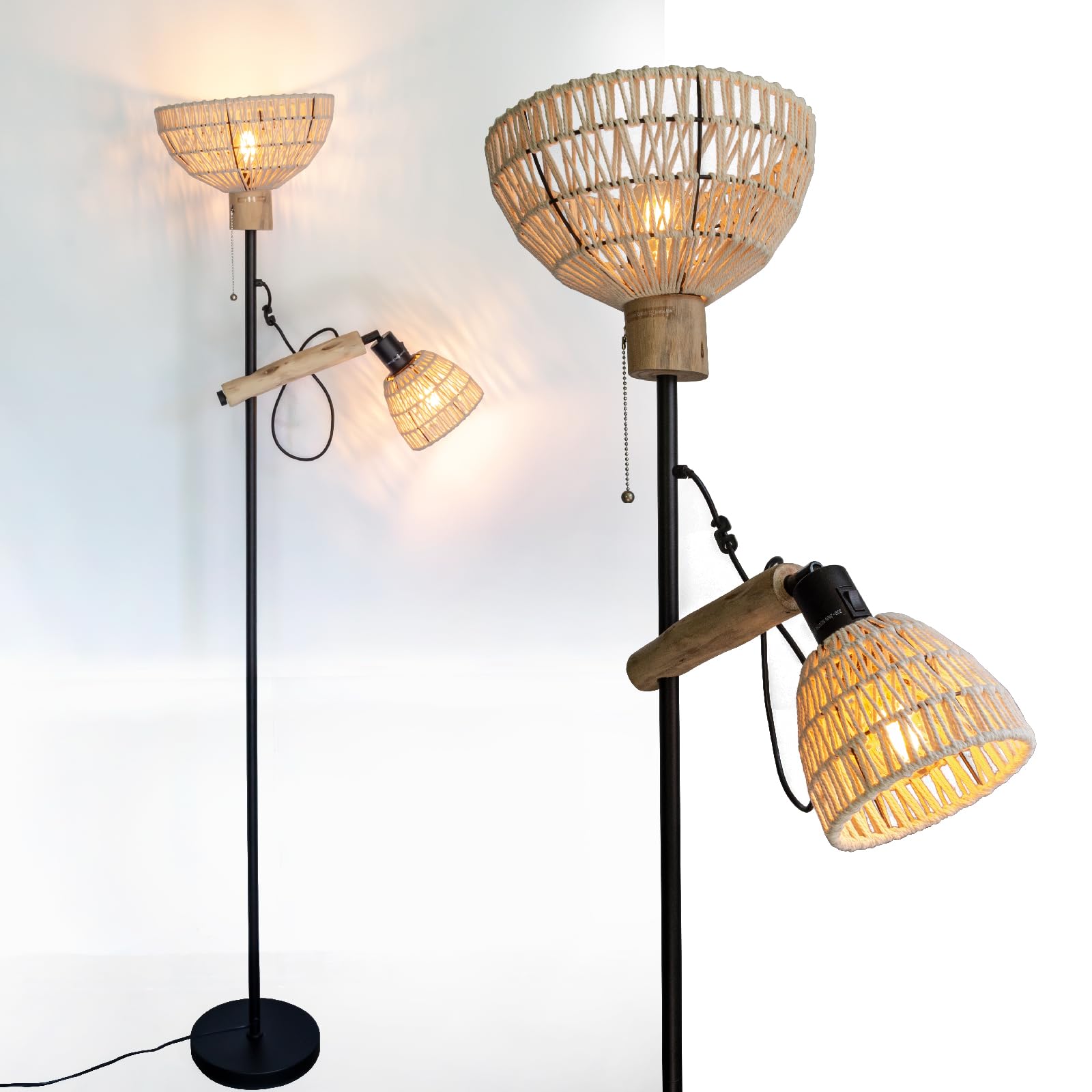 Stehlampe mit 2 Schirmen, Boho-Industrial Design, 163 cm | Metall-Holz-Kombination, Praktischer Schalter, Ohne Glühbirnen, Für Wohnzimmer