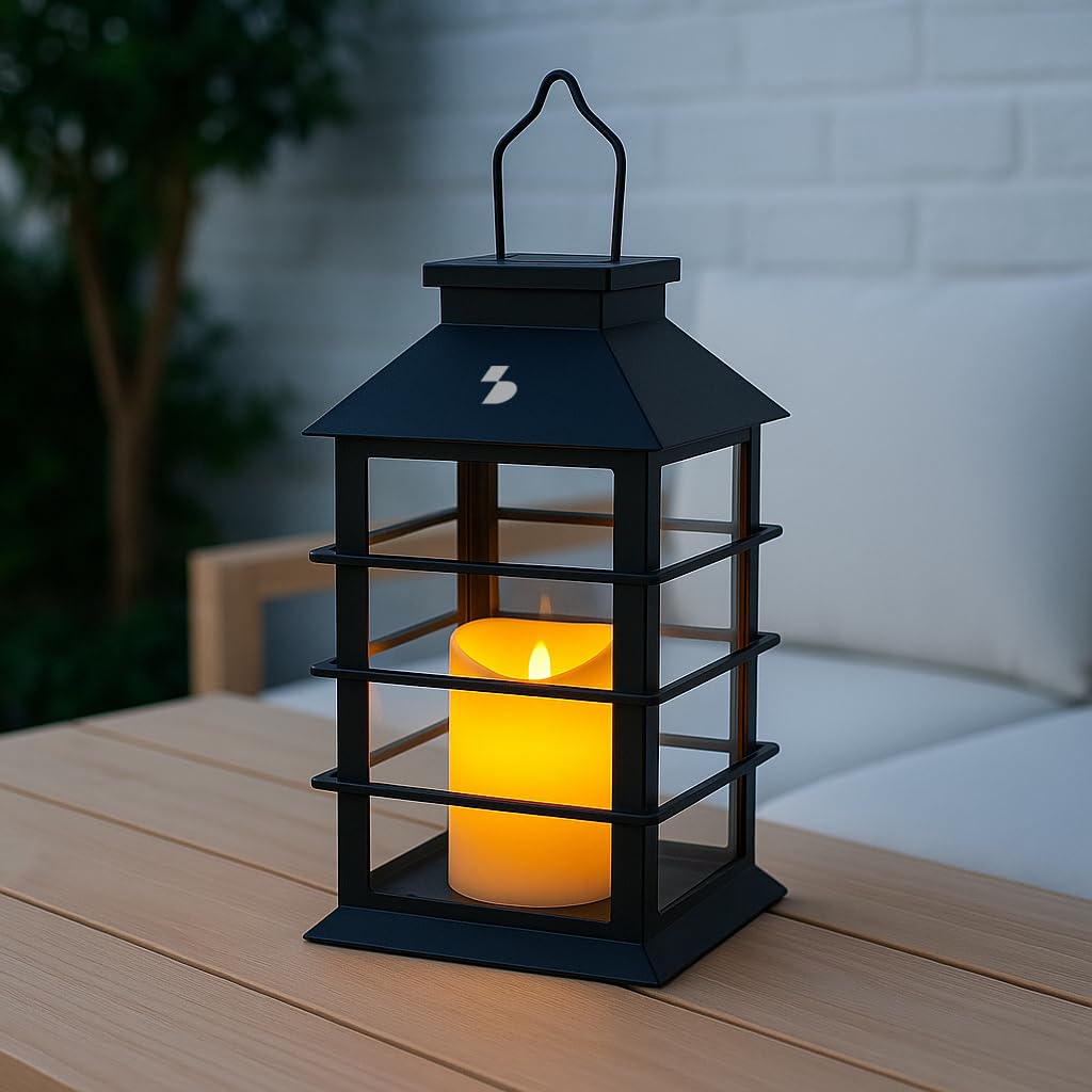 BEPER P207ILO303 Latarnia solarna ze świecą LED z efektem płomienia, zewnętrzna lampa solarna z haczykiem, automatyczne włączanie, ciepłe migoczące światło, IP44 do ogrodu i balkonu