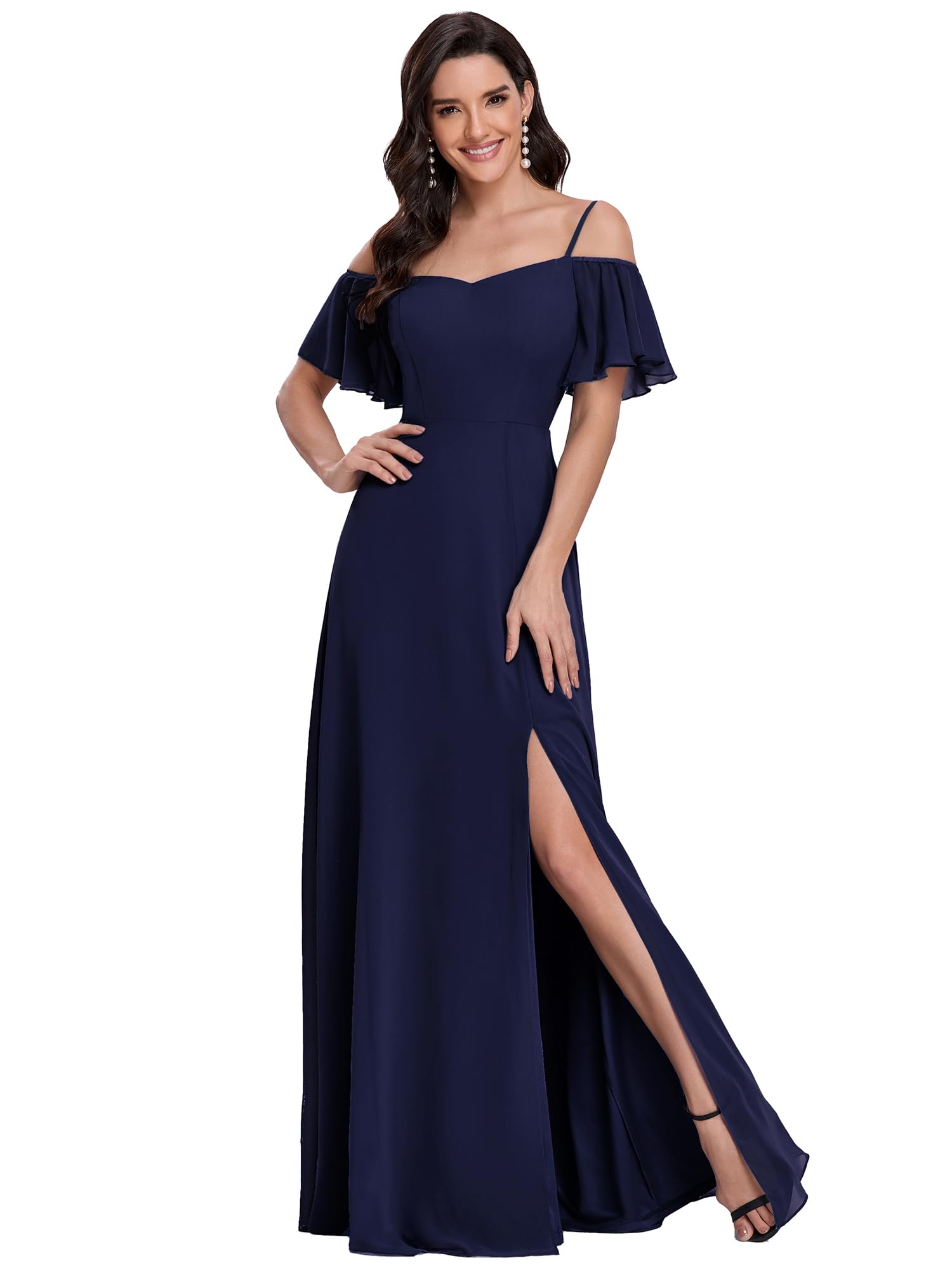 Ever-Pretty Abiti da Damigella d'Onore Lunghi in Chiffon con dalla Spalla in Stile Impero a Maniche Corte da Donna con Spacco Laterale ES00237
