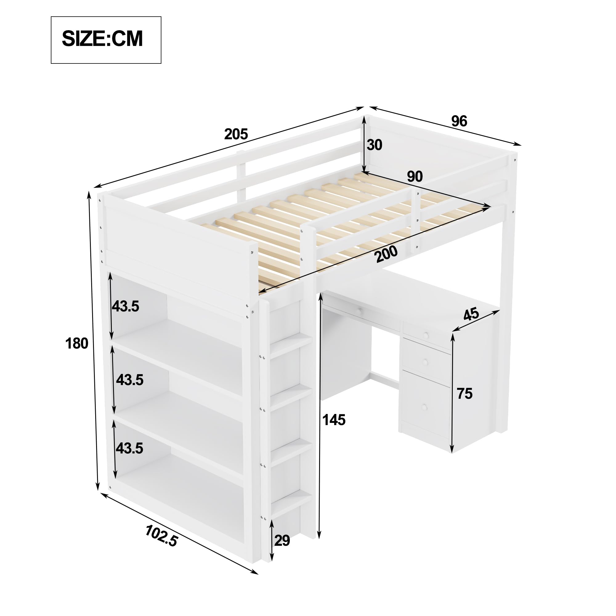 Moimhear Cama Alta Infantil De 90 X 200 Cm, Con Escritorio Multifunción Integrado Y Escalera, Color Blanco