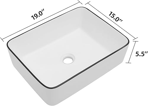 Miniatura 5 de Dcolora - Fregadero rectangular de 19 x 15 pulgadas, color blanco con borde negro, porcelana de cerámica, rectangular, lavabo sobre encimera