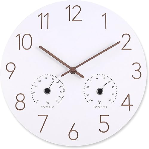 Miniatura 1 de Reloj de pared de 14 pulgadas con temperatura y humedad, reloj de pared con marco de madera, movimiento silencioso y preciso, decorativo para