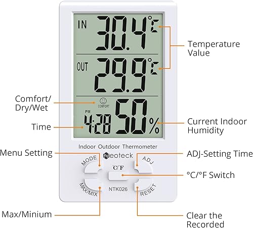 Miniatura 6 de Neoteck Termómetro higrómetro 3 en 1 con reloj pantalla LCD grande, medidor digital de temperatura de humedad 4.9 ft Cable de sensor para uso en