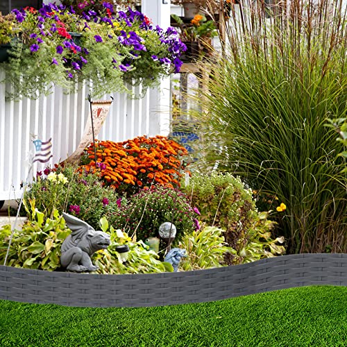 Aufun 5m Rattan Rasenkante Beeteinfassung Kunststoff mit 5 Elemente á 100 cm, Rattan-Optik Design Beetumrandung Biegbarer Mähkante Beetbegrenzung Flexible für Garten (Anthrazit)