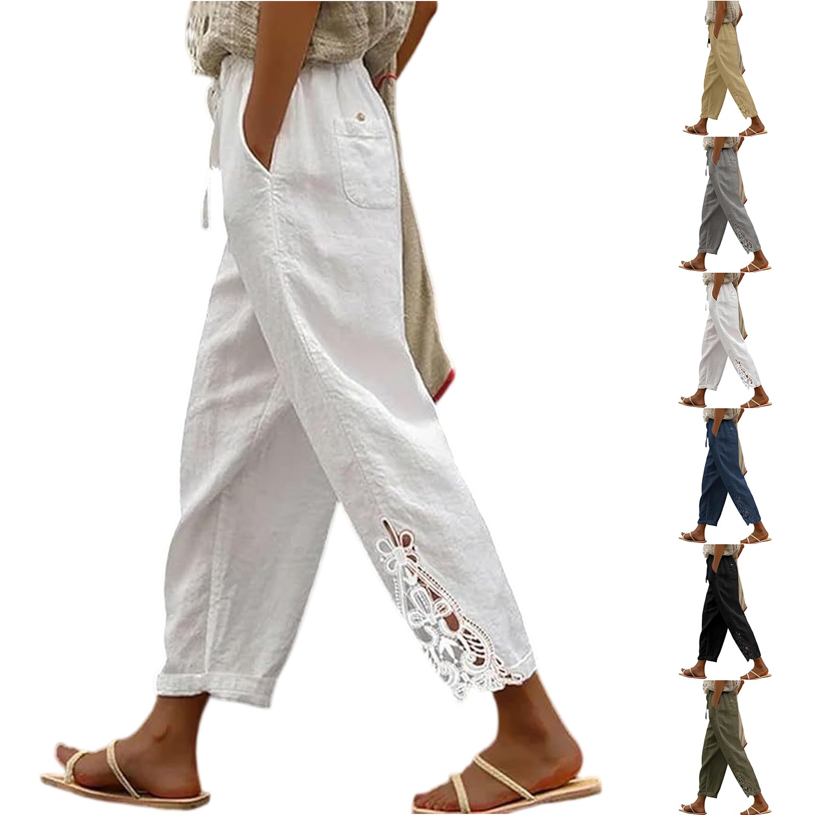 Cropped Linen Pants Women Plus Size Elastic High Waisted Wide Leg Pants Casual Summer Lace Loose Trousers with Pockets