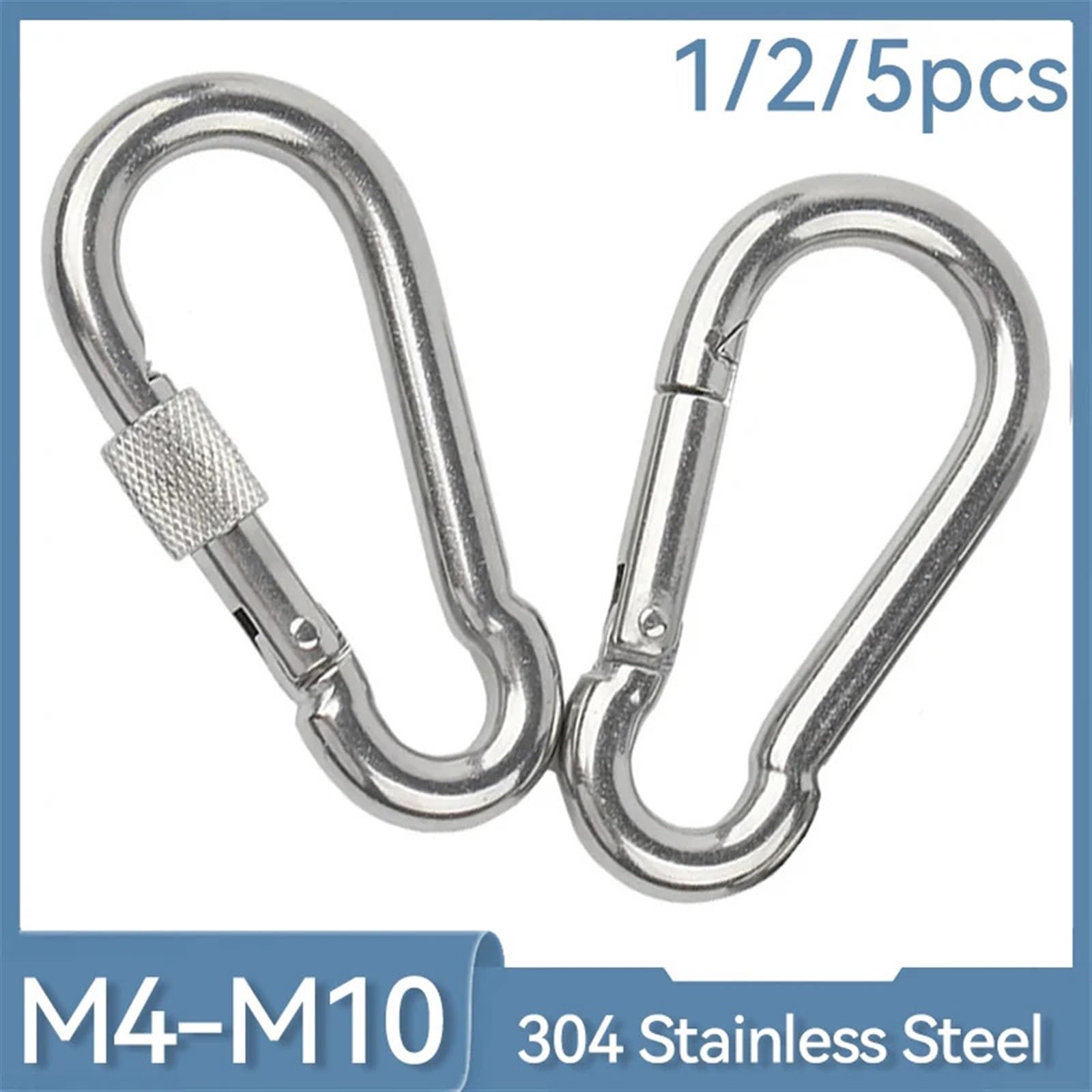 Mosquetón de Resorte de Acero Inoxidable 304, Gancho de Anillo de Bloqueo de Enlace rápido, grillete a presión, Gancho de sujeción de Cadena, 1/2/5 Uds. Hebilla de Seguridad(M10(1),5pcs)
