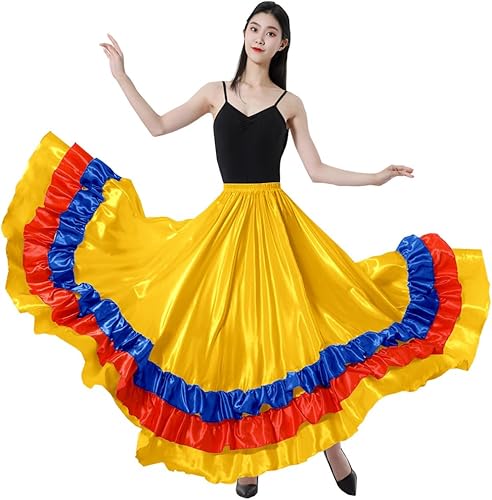 Miniatura 10 de Falda larga de baile con volantes para adultos color negro rojo verde falda folclórica para disfraz de flamenco mexicano de Halloween