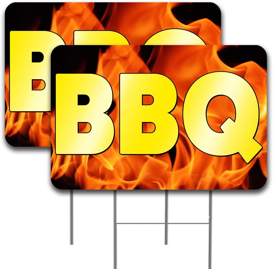 BBQ 2 Pack Double-Sided Yard Sign 16" x 24" with metal stakes (Made in the USA)