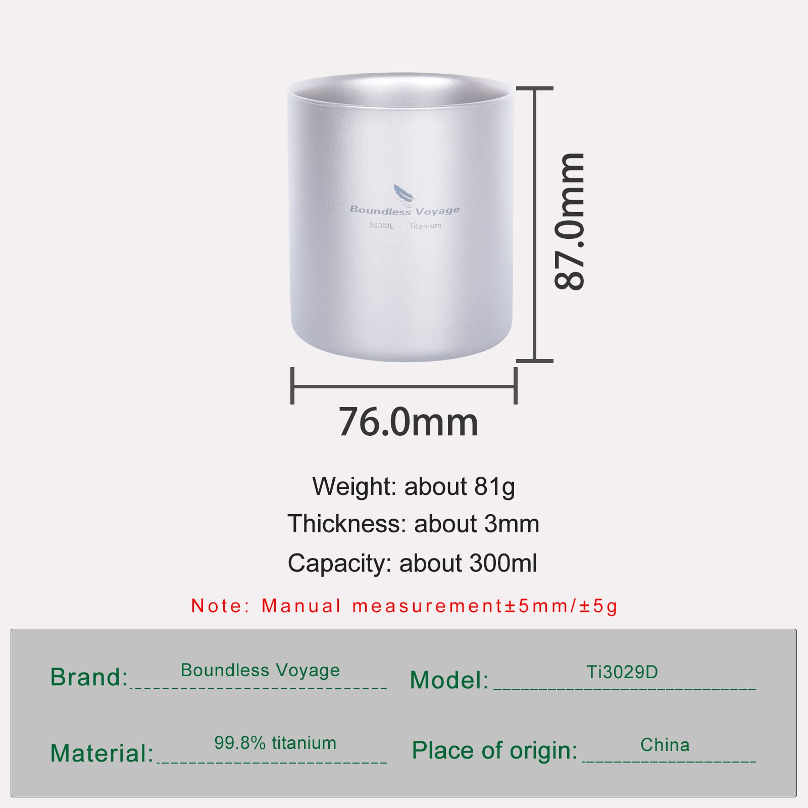 iBasingo Ti3029D Tasse à double paroi en titane ultralégère 300 ml pour le camping, le thé, le café, le froid, la chaleur, la vaisselle portable pour l'extérieur, les voyages, la randonnée, les