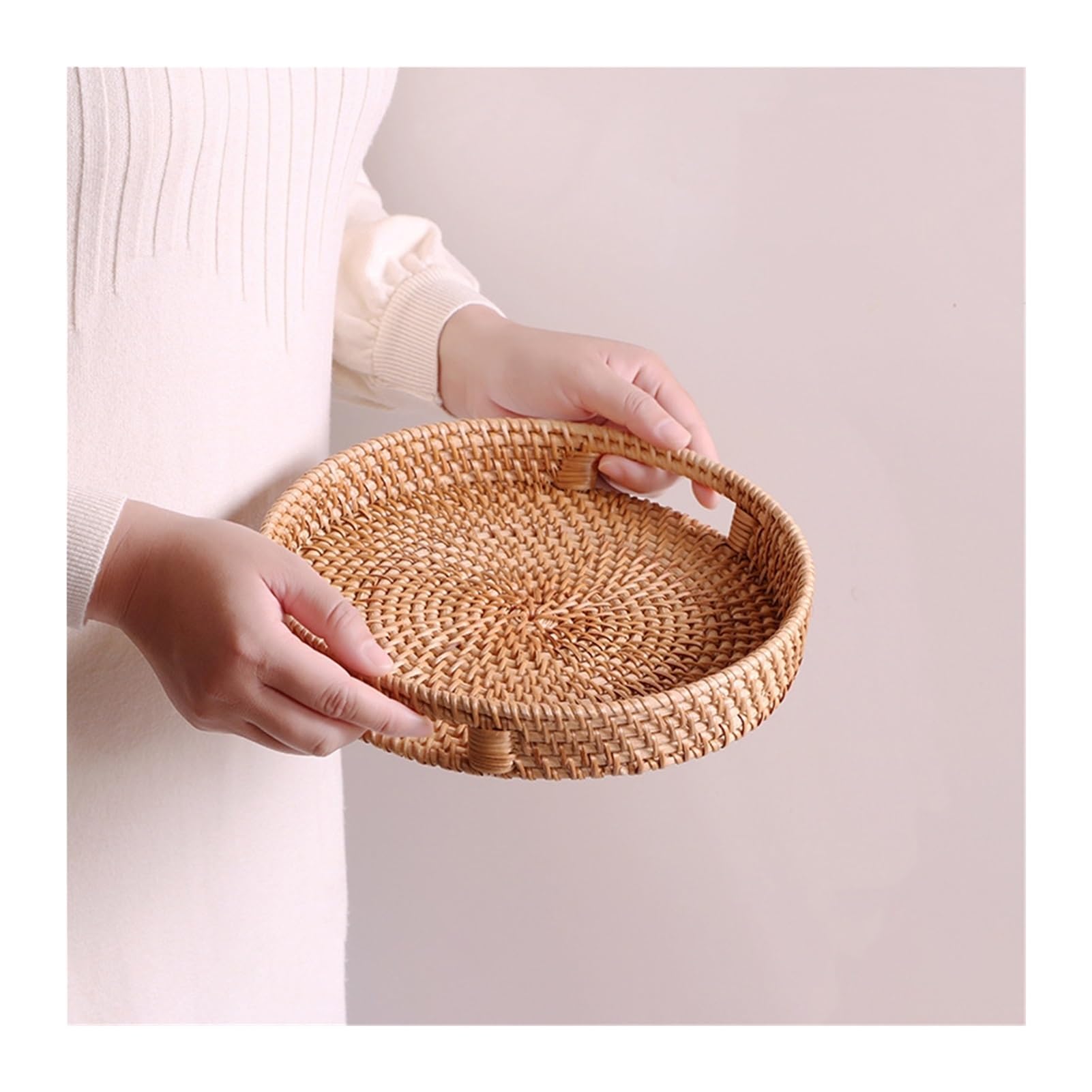 9.84" Handmade Rattan Bread Baskets Round Rattan Serving Tray with Handles Wicker Fruit Serving Storage Bowls Home Decor Organizer for Breakfast, Tea, Snack, Coffee