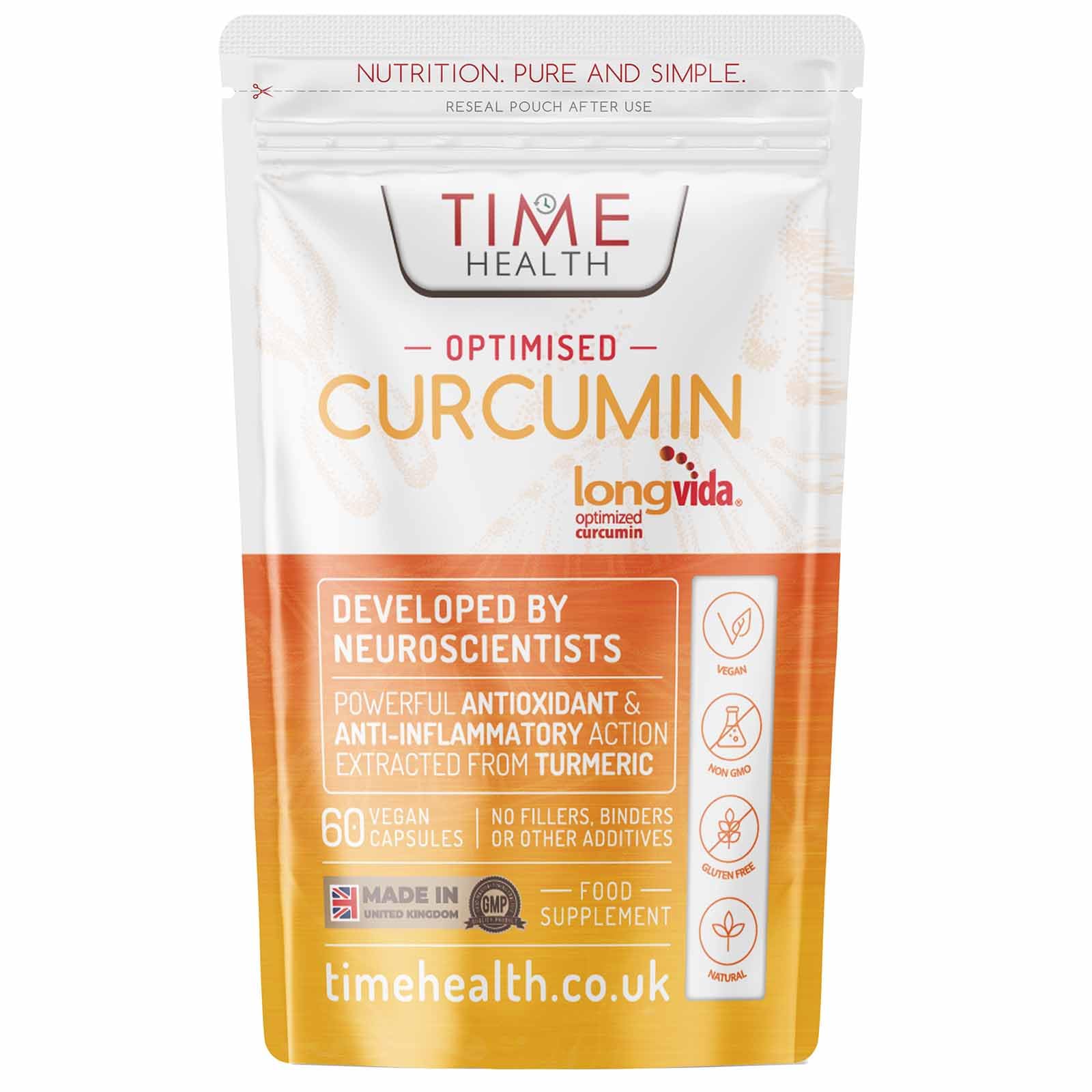 Time HealthNew: Longvida Optimised Curcumin Extract from Turmeric - 60 Capsule Pouch - Clinically Proven - 285XAUC Increased Bioavailability - Vegan - Pullulan (60 Capsule Pouch)