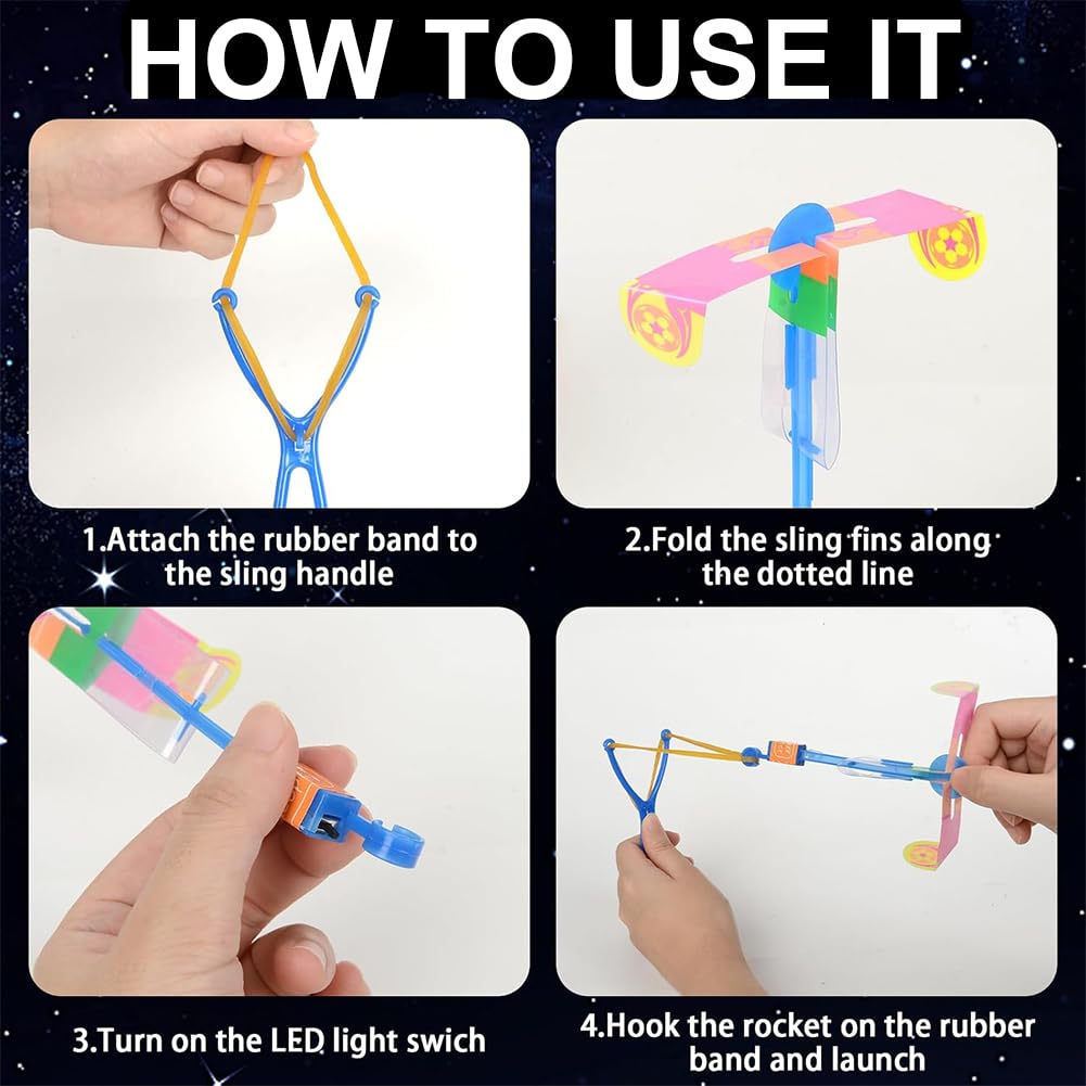 HATFRYF LED Light Slingshot Toy, 20PCS Rocket Helicopter Flying Toys with LED Lights, Flying Toy Party Set - Image 4