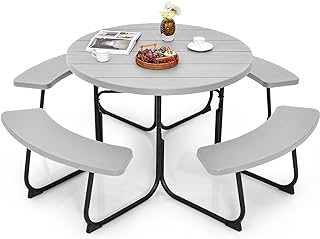Costway 8-Person Round Picnic Table Bench Set, HDPE Outdoor Circular Picnic Table w/ 4 Benches & Umbrella Hole, 225KG Capa...