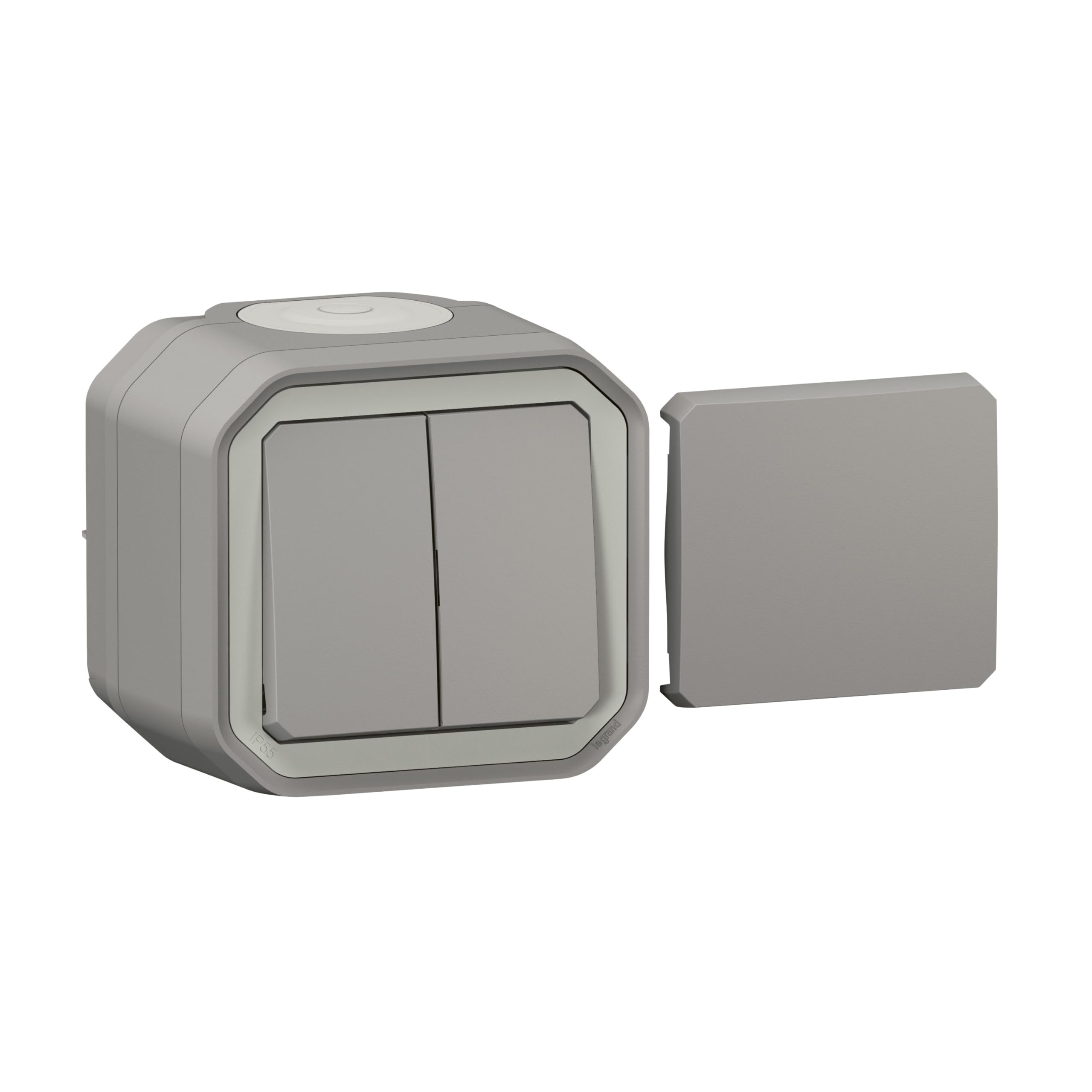 LEGRAND, Plexo New 5-in-1-Feuchtraum-Aufputz-Doppelwechseltaster, Doppelwechselschalter, Wechselschalter + Taster mit Wechselkontakt, Wechselschalter & Wechseltaster, IP55 - IK07, Farbe: Grau, 069719L
