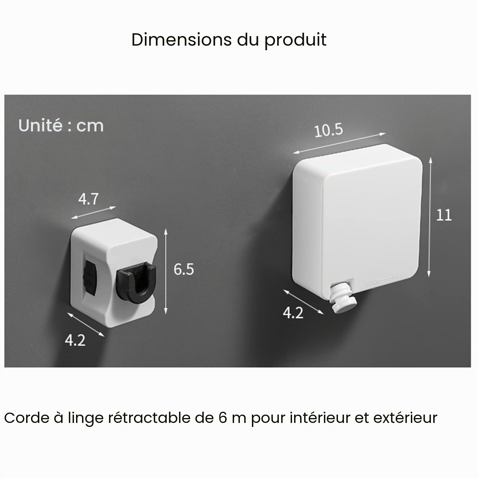 Étendoir à linge rétractable de 6 m, fixation murale, robuste, avec câble métallique en acier inoxydable 304, pour intérieur et extérieur, blanc