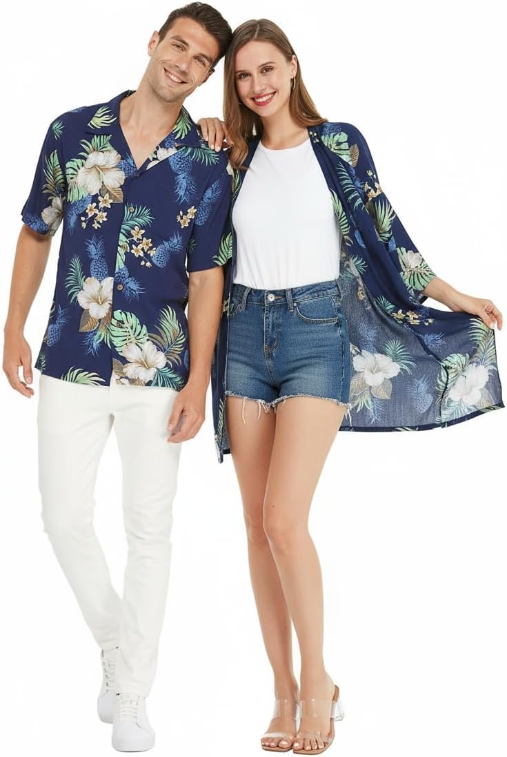 Matchable Couple Hawaiian Luau Shirt or Kimono in Midnight Bloom