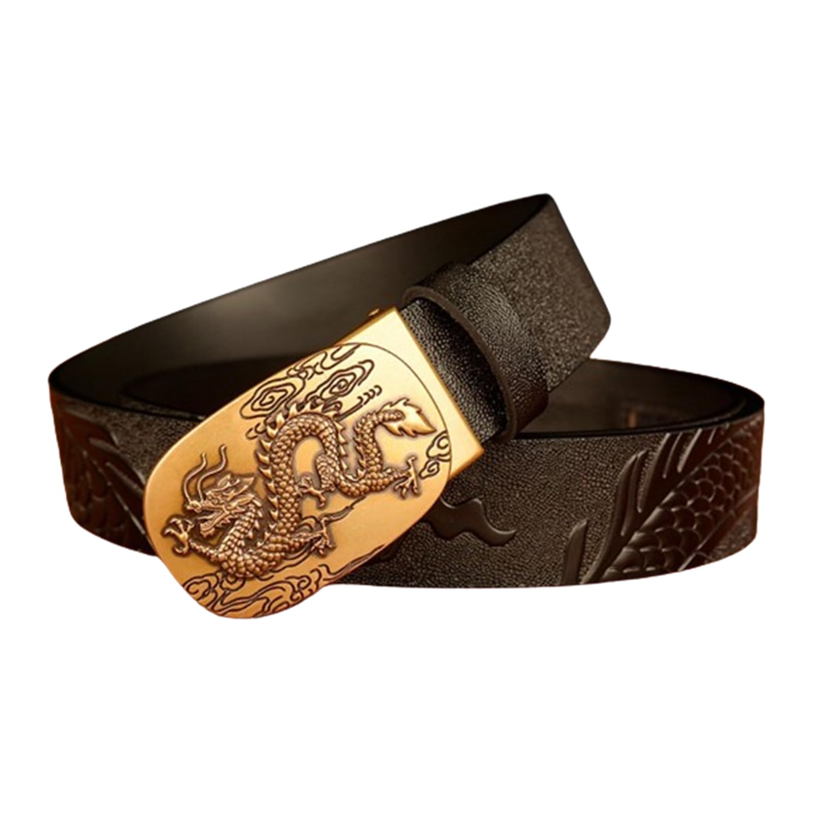 Cinturón De Vestir De Carraca para Hombre Hebilla Automática Deslizante Dragón Tallado Occidental En Relieve Cuero De Vaca De Grano Completo Correa De Grueso(120cm/47, Dragon-I)