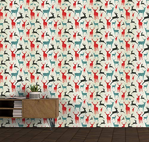 Image of DWELLSINDIA Reindeer in Wood Pattern Self Adhesive Wallpaper Peel & Stick, Waterproof, Scratch Resistant, Laminated (41cm x 244cm, Multi, Reindeer)