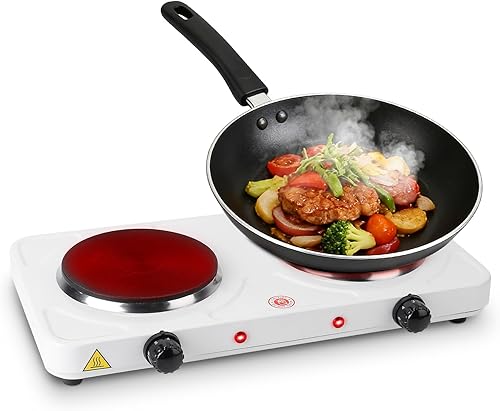 Encimera eléctrica doble quemador, placa de cocina de 2000 W con placa caliente de hierro fundido, control de temperatura de 5 niveles, fácil de