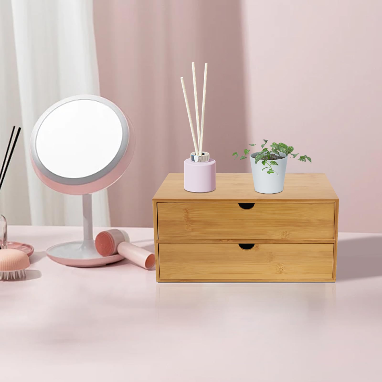 Mini organizzatore in bambù per scrivania, scatola portaoggetti da tavolo con 2 cassetti per scrivania, cassetto, organizer da scrivania in bambù