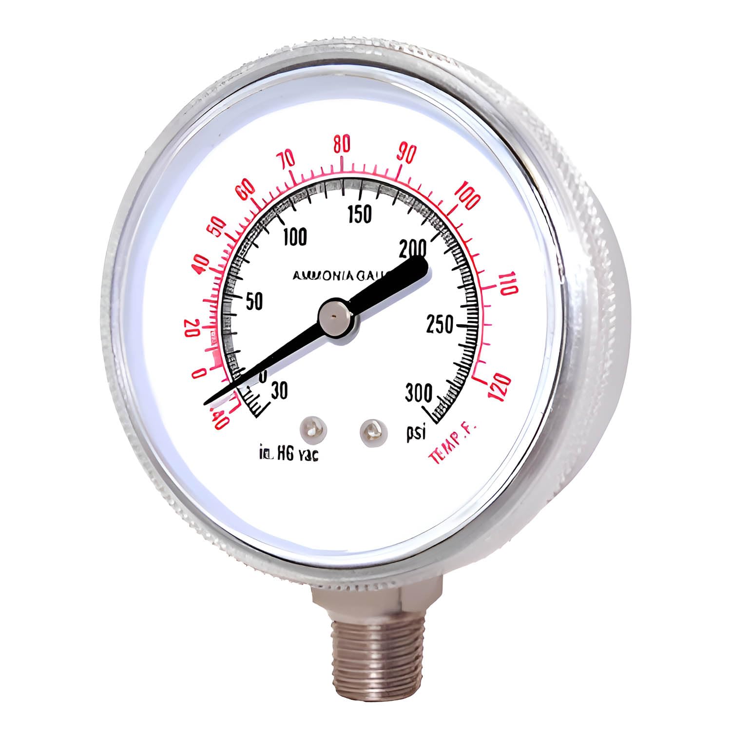 PIC Gauge 401NH3-254CH 2.5” Dial, 30/0/300 psi Range with -40/0/120 degrees F Temperature Equivalent, 1/4" Male NPT Connection Size, Lower Mount Dry Ammonia Refrigeration Gauge with a Chrome Plated Steel Case and Plastic Twist-off Lens-image-26