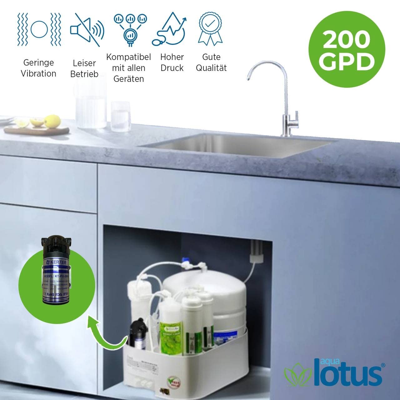 aqua lotus Pompe Booster Osmose Inverse Filtre à Eau Installation 200 GPD Noir Classique Pompe à Eau
