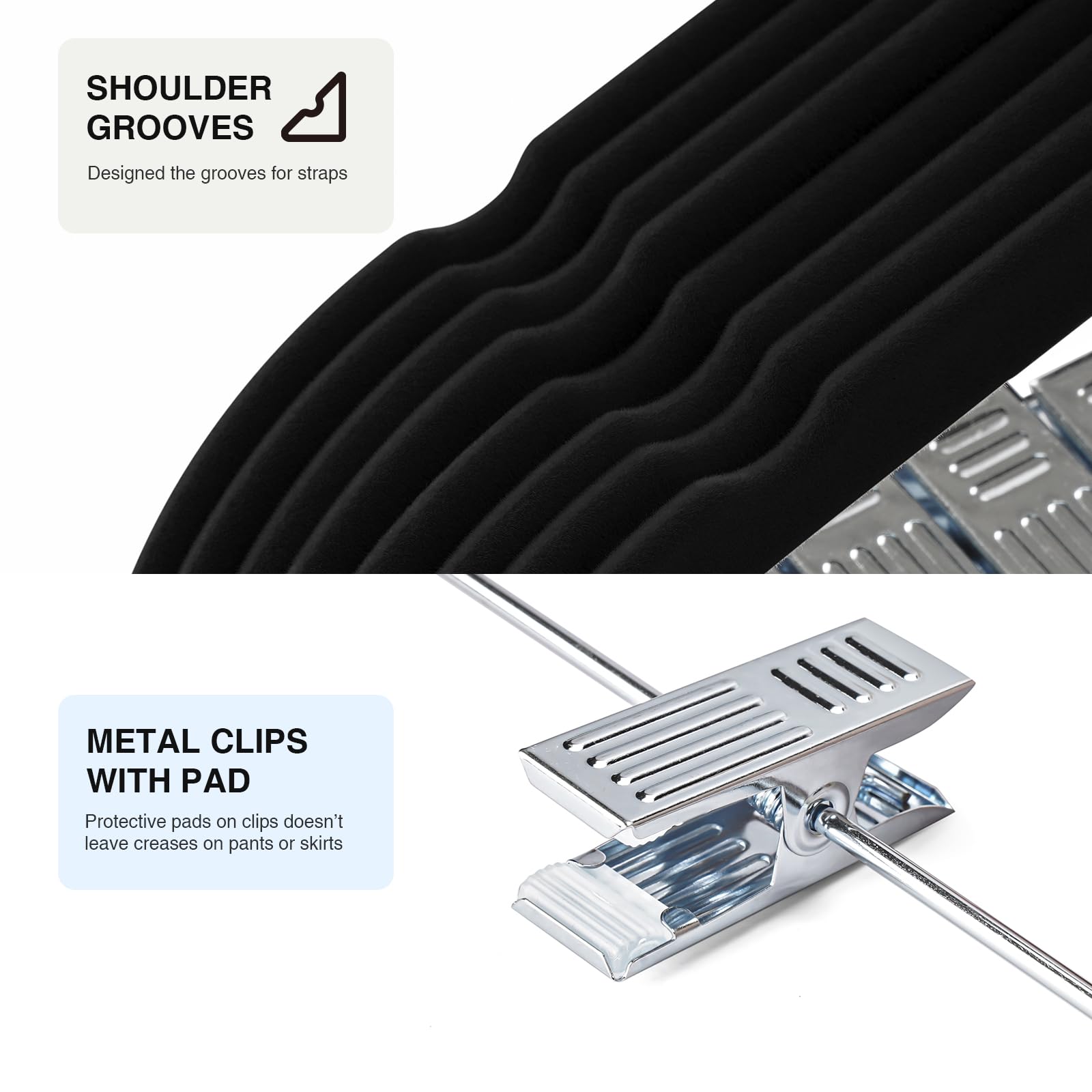 Paquete de 36 perchas de terciopelo negro, perchas para pantalones con clips ajustables, perchas de fieltro, resistentes, antideslizantes, ahorran espacio, perchas delgadas para pantalones,