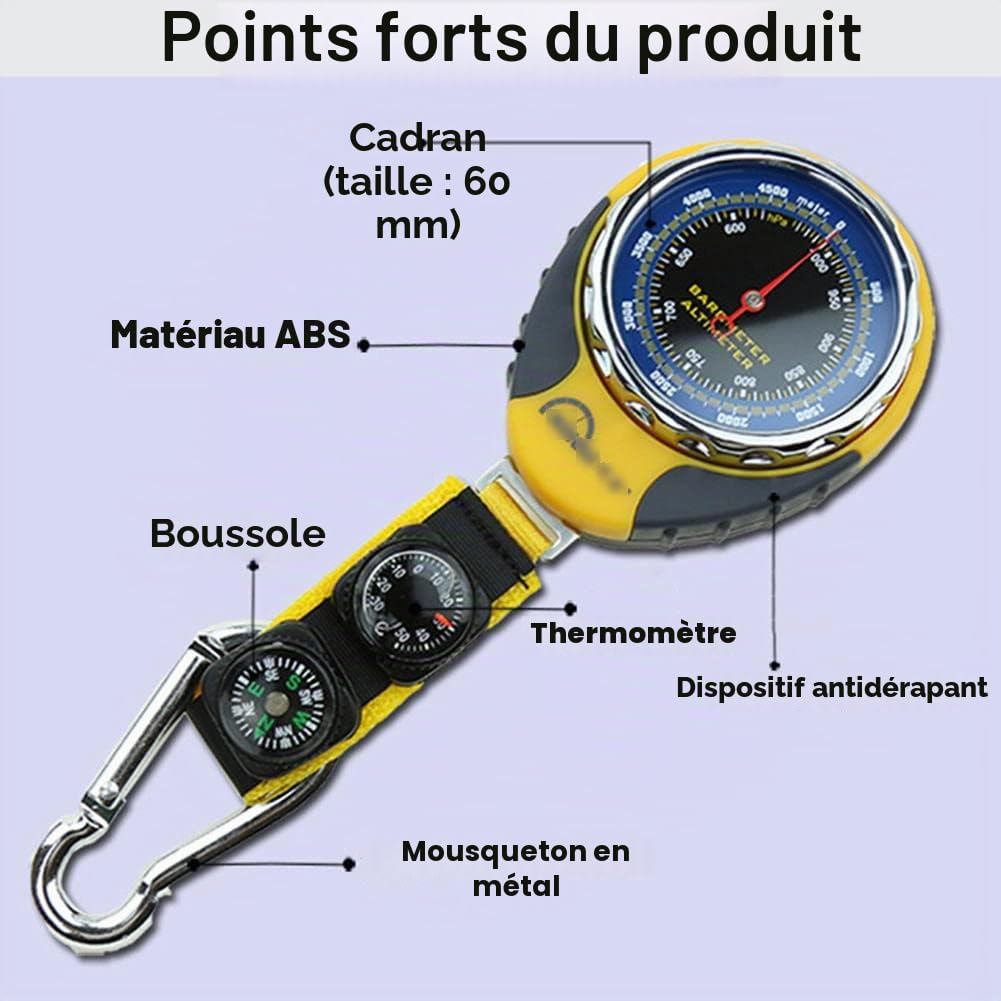 JINYISI Altimètre, altimètre pour la randonnée, altimètre thermomètre boussole mousqueton 4 en 1 multifonction baromètre, baromètre pour l'extérieur