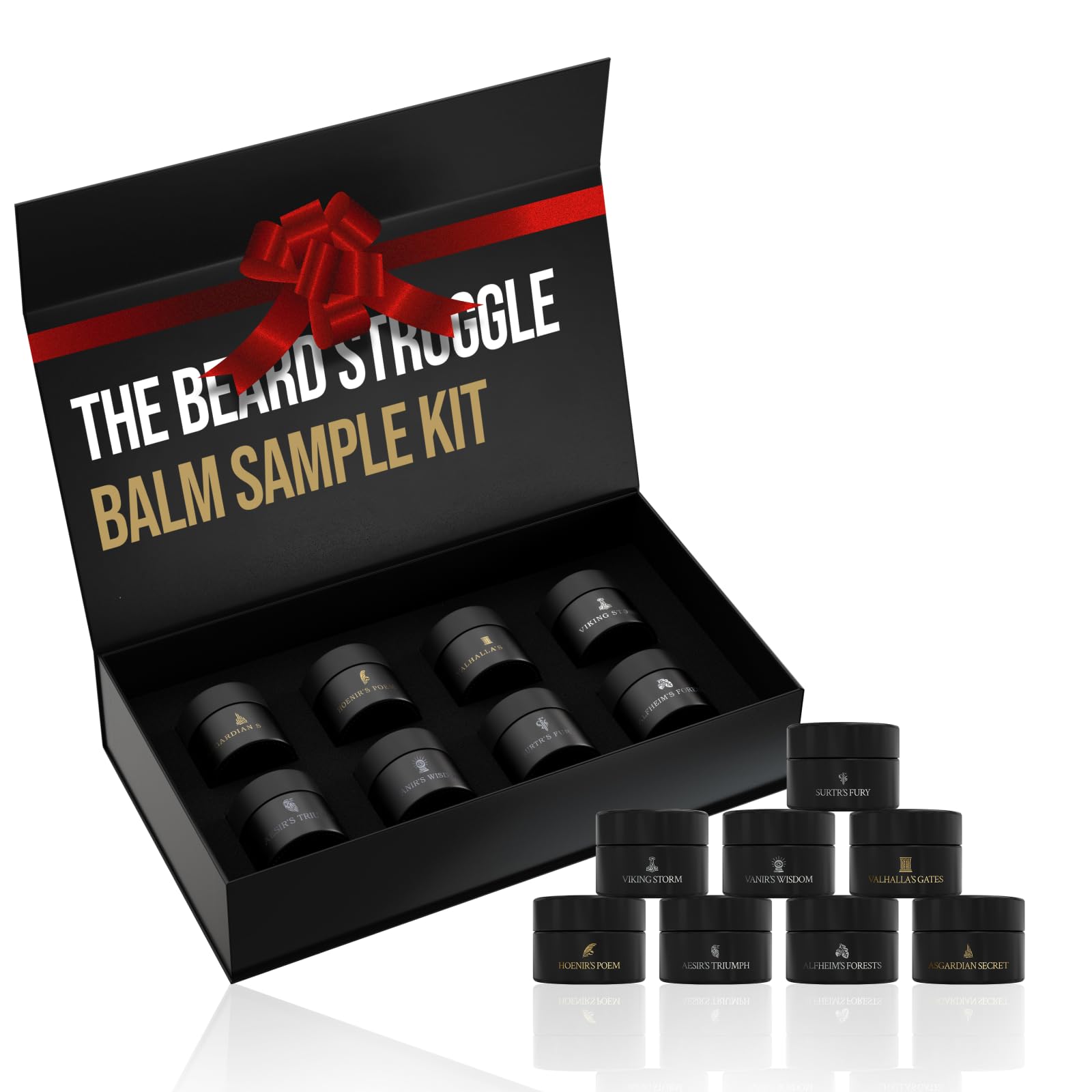 The Beard Struggle Balm Sampler Kit Set of 8 Warrior Glass Jars - Beard Balm for Men, Premium Gift Packaging - 8x 10g / 0.35 US. oz.