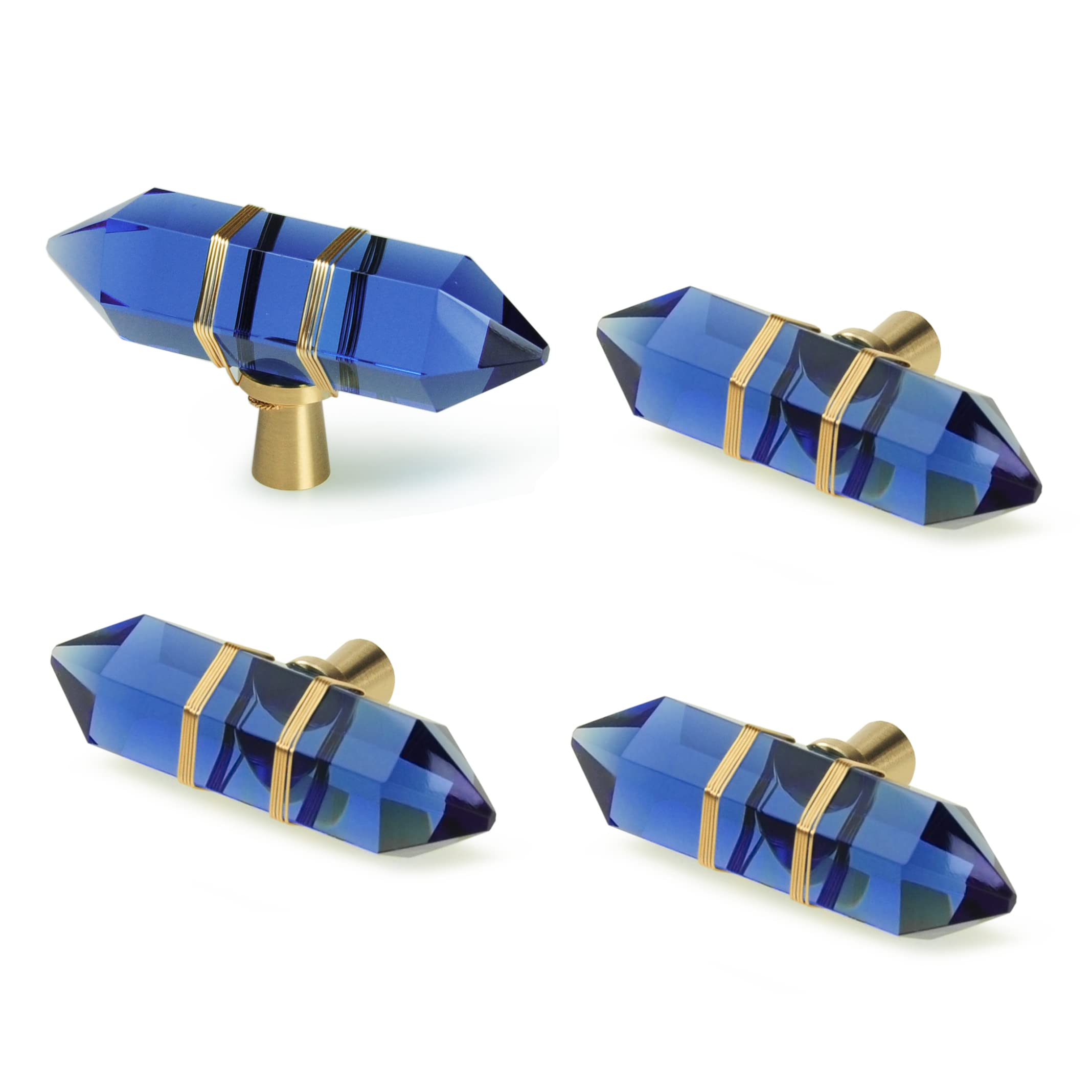 JEREVER 4 Pack Hexagonal Crystal Knobs Wire Wrapped Glass Brass Drawer Pull Cabinet Handle Gold Furniture Hardware for Dresser Kitchen (Blue)